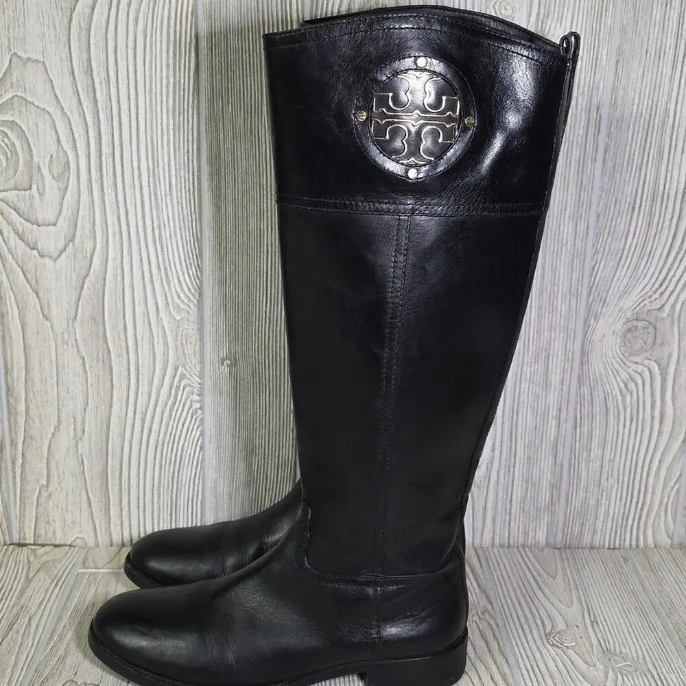 Tory Burch Kiernan Black Leather Riding Boots With Gold  Tone Logo Womens Size 8